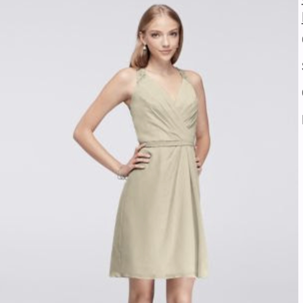 David's Bridal Bridesmaid Dress Chiffon V-Neck w/ Lace Back, Champagne, Size 6 - Picture 1 of 1